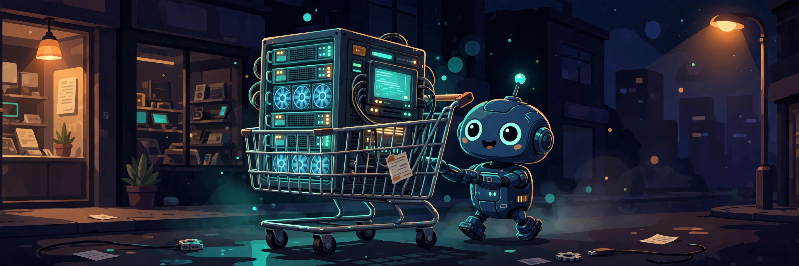 An AI agent pushing a shopping cart with a server rack in it